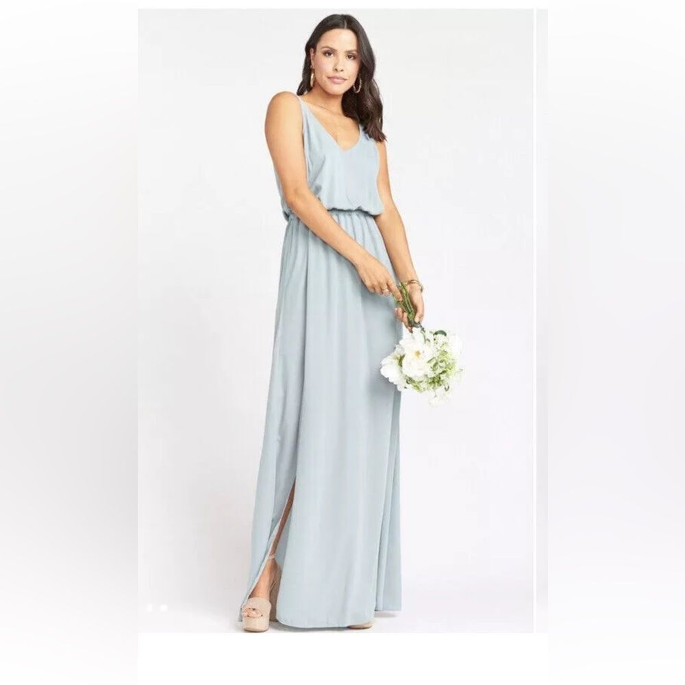 Show Me Your Mumu Kendall Maxi Dress V‎ Neck Slit Blouson Silver Sage Blue L nwt